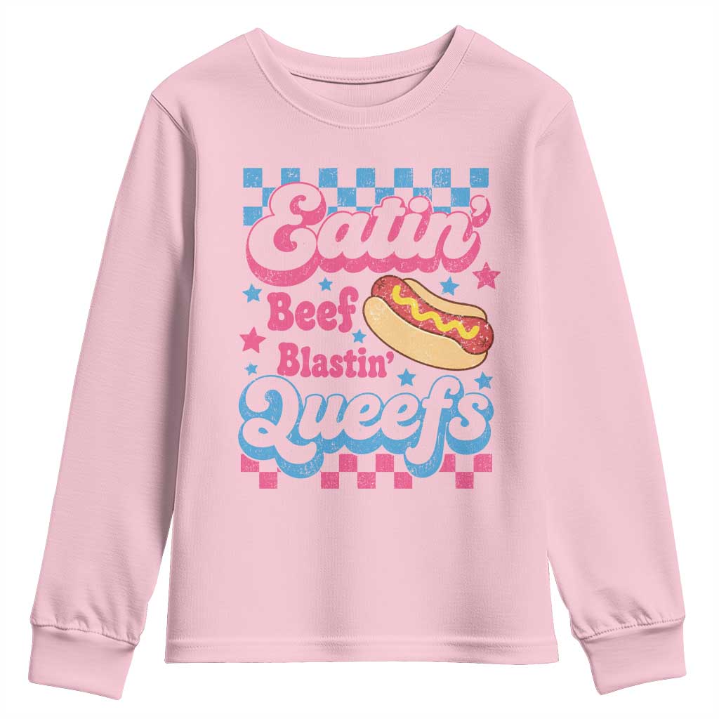 Hotdog Eatin Beef Blastin Queefs Inappropriate Youth Sweatshirt Retro Groovy Hotdog Meme Funny Cringe Offensive Humor