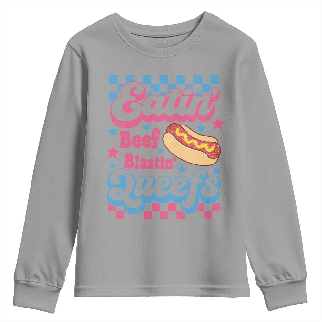 Hotdog Eatin Beef Blastin Queefs Inappropriate Youth Sweatshirt Retro Groovy Hotdog Meme Funny Cringe Offensive Humor
