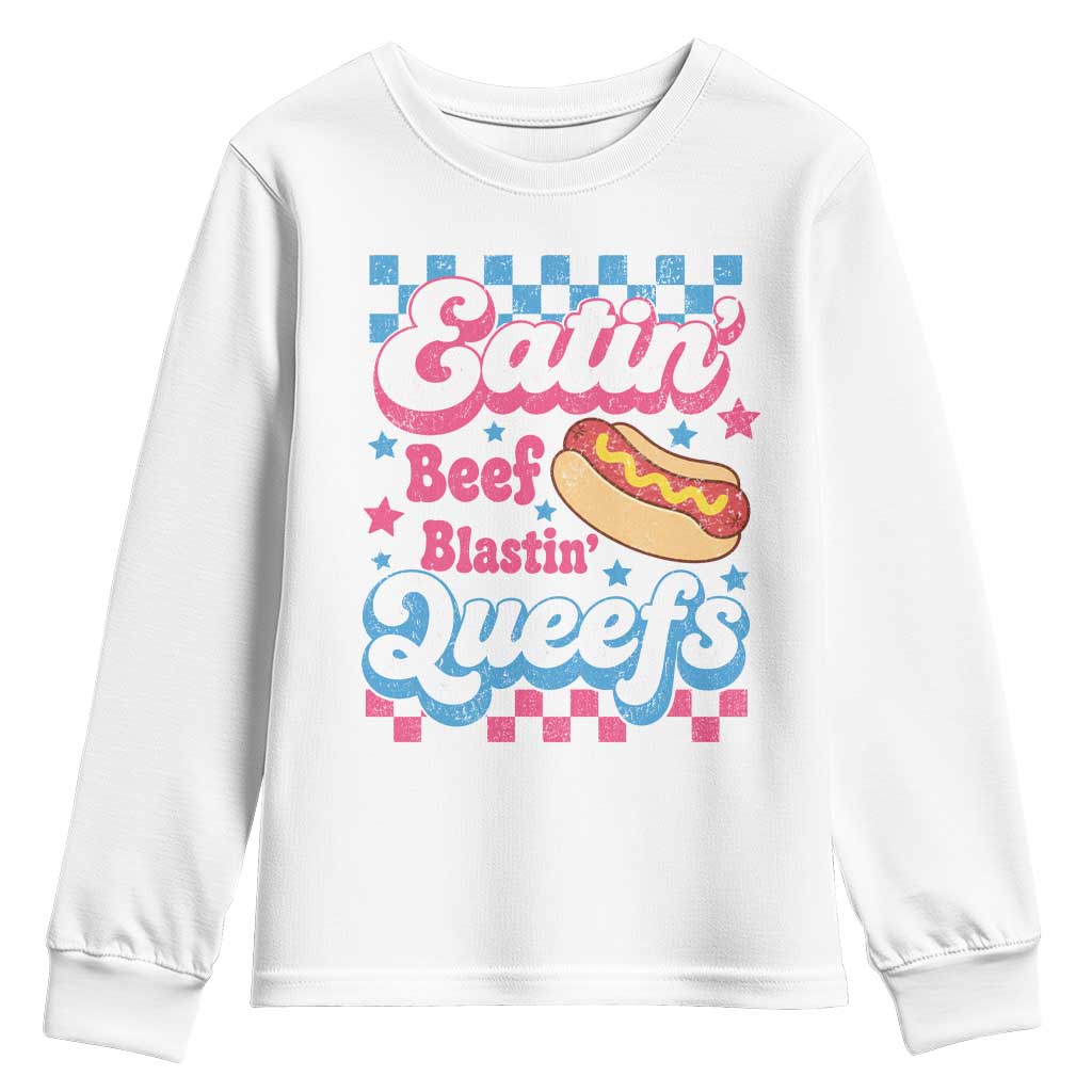 Hotdog Eatin Beef Blastin Queefs Inappropriate Youth Sweatshirt Retro Groovy Hotdog Meme Funny Cringe Offensive Humor TS10 White Print Your Wear