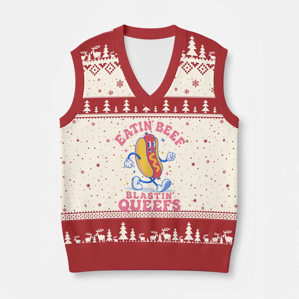 Hotdog Eatin Beef Blastin Queefs Inappropriate V-Neck Knit Sweater Vest Funny Cringe Offensive Humor TS10 Beige Red Print Your Wear