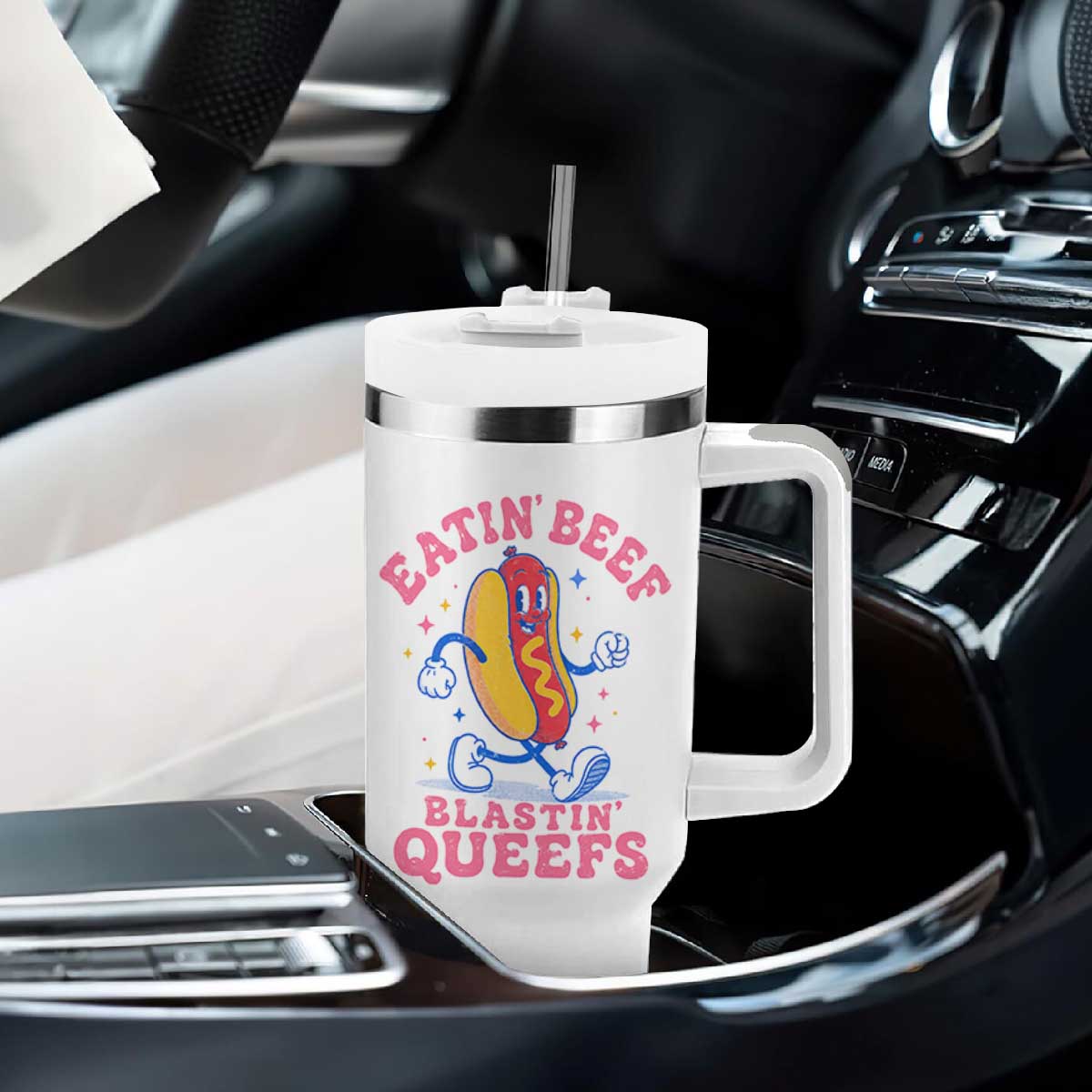 Hotdog Eatin Beef Blastin Queefs Inappropriate Tumbler With Handle Funny Cringe Offensive Humor