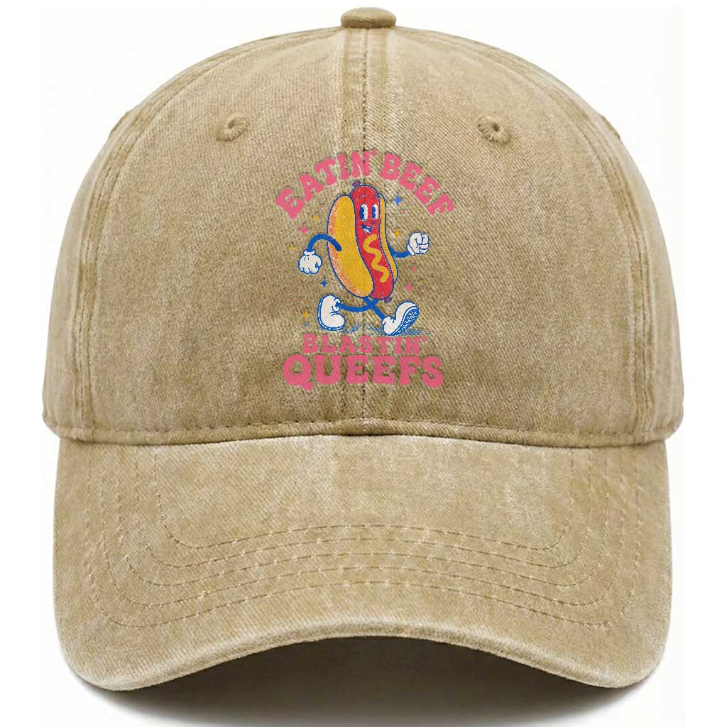 Hotdog Eatin Beef Blastin Queefs Inappropriate Washed Cotton Baseball Cap Funny Cringe Offensive Humor TS10 Print Your Wear