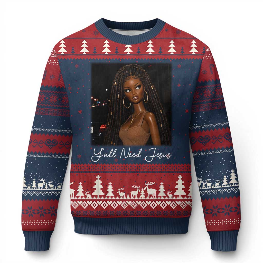 Need-Jesus Sarcastic Afro Doll Meme Funny Saying Christian Ugly Christmas Sweater Black Girl African Pride TS10 Navy Red Print Your Wear