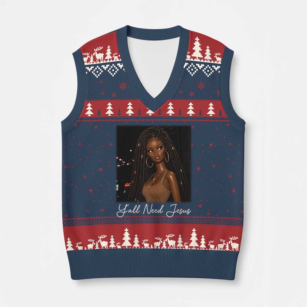 Need-Jesus Sarcastic Afro Doll Meme Funny Saying Christian V-Neck Knit Sweater Vest Black Girl African Pride TS10 Navy Red Print Your Wear