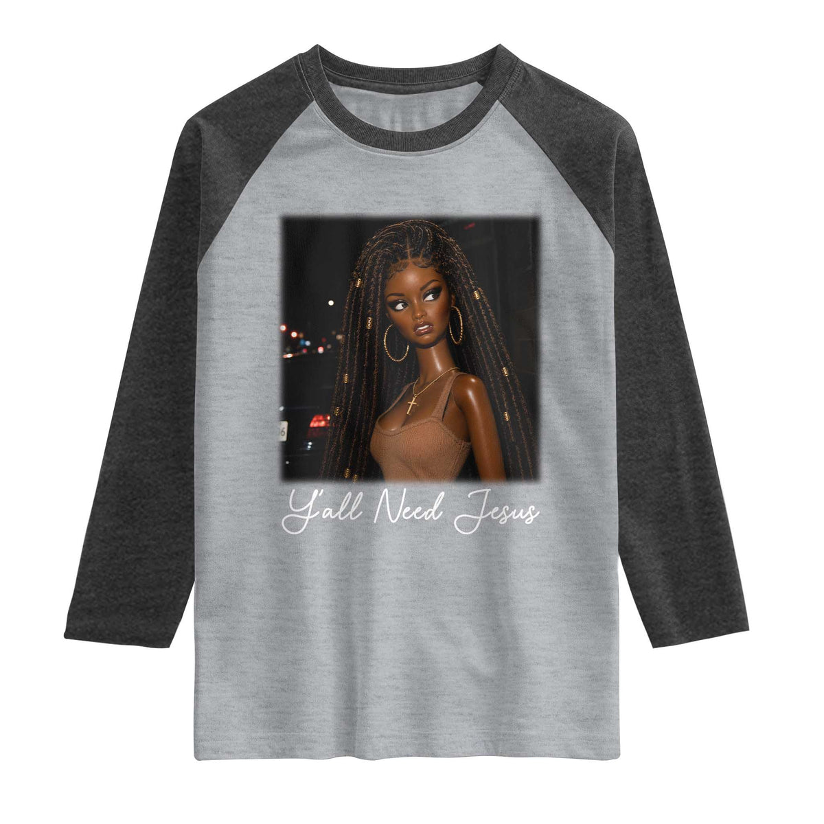 Need-Jesus Sarcastic Afro Doll Meme Funny Saying Christian Raglan Shirt Black Girl African Pride TS10 Heather Gray Heather Charcoal Print Your Wear