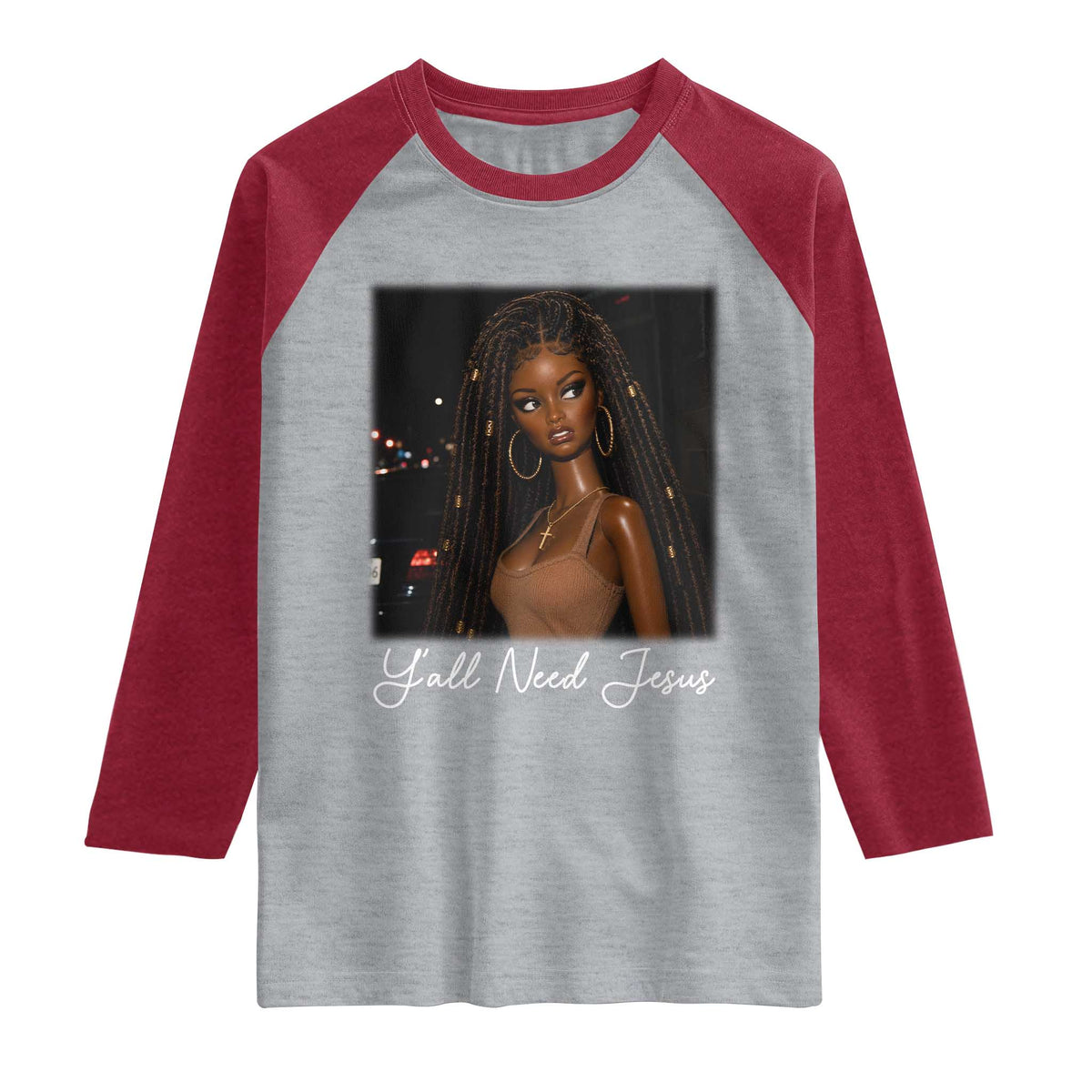 Need-Jesus Sarcastic Afro Doll Meme Funny Saying Christian Raglan Shirt Black Girl African Pride TS10 Heather Gray Heather Red Print Your Wear