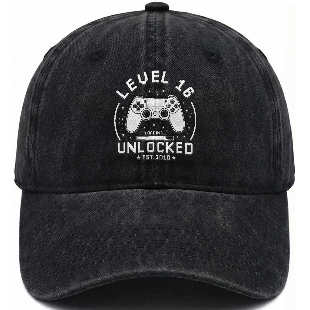 Level 16 Unlocked Video Gamer 16th Birthday Gift Washed Cotton Baseball Cap Vintage 2010 16 Year Old Gift TS10 Print Your Wear