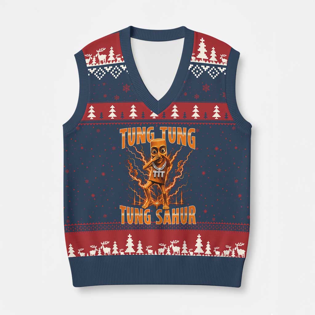 Tung Tung Tung Sahur is Calling Scuba Dance Meme V-Neck Knit Sweater Vest Italian Brainrot TS10 Navy Red Print Your Wear