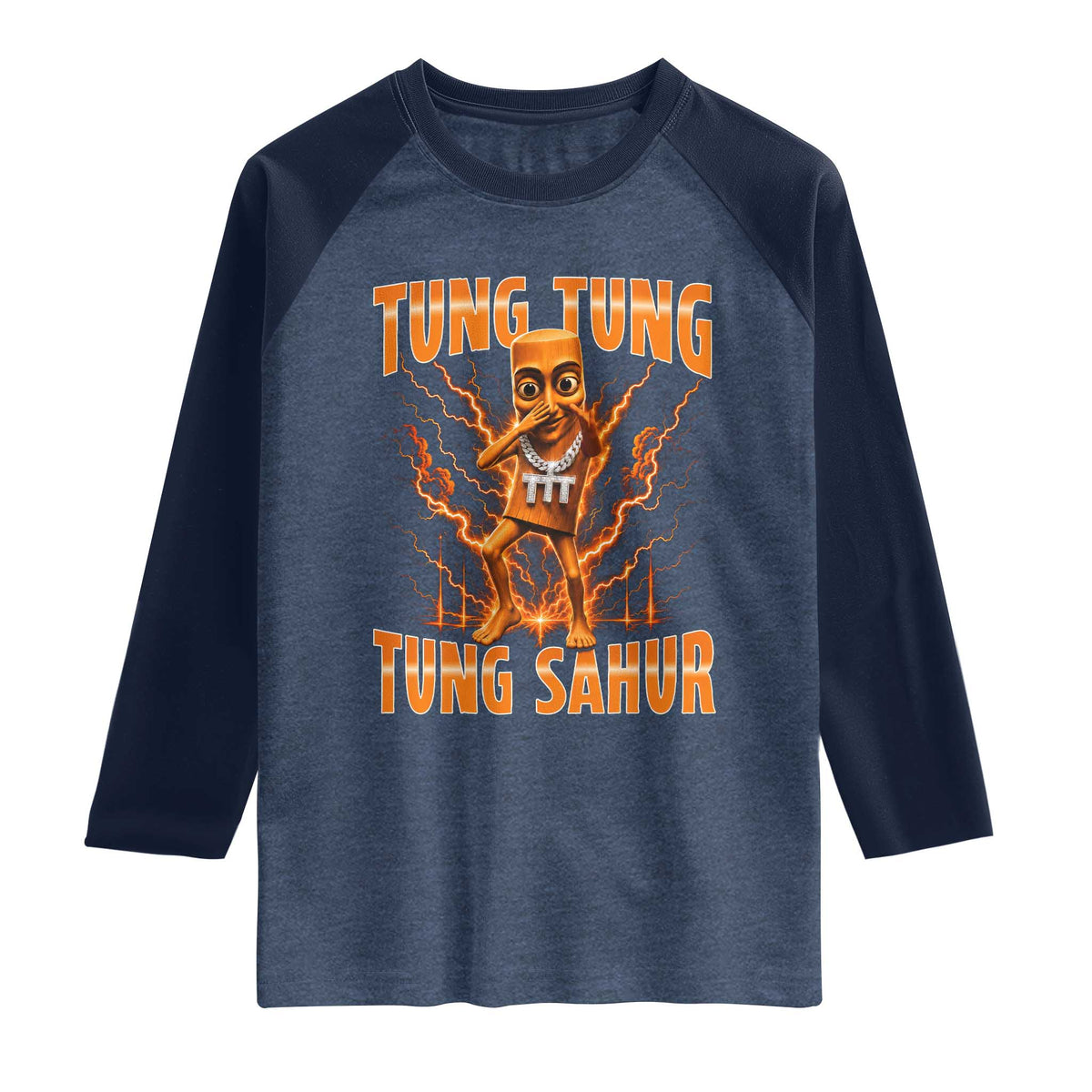 Tung Tung Tung Sahur is Calling Scuba Dance Meme Raglan Shirt Italian Brainrot TS10 Heather Denim Navy Print Your Wear