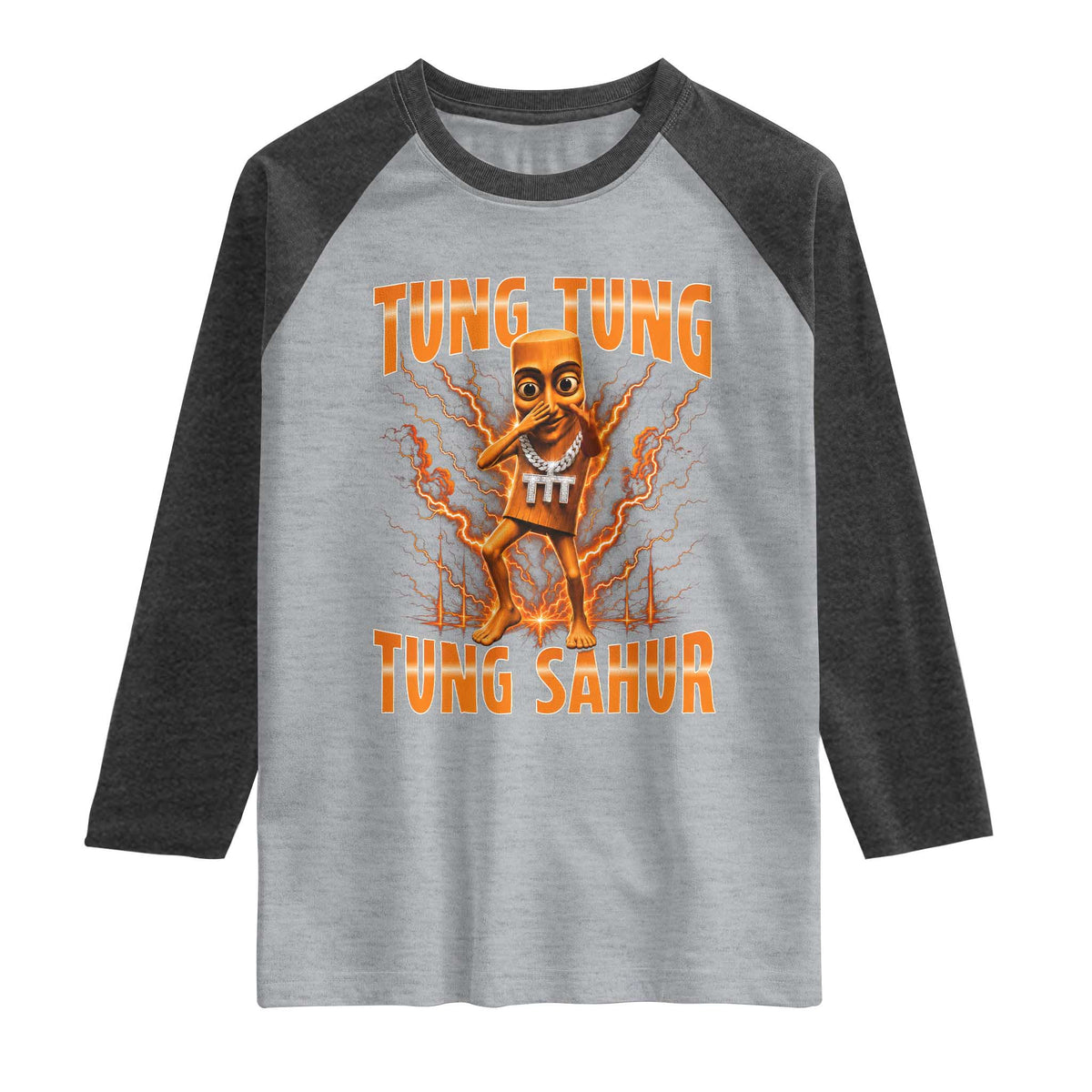 Tung Tung Tung Sahur is Calling Scuba Dance Meme Raglan Shirt Italian Brainrot TS10 Heather Gray Heather Charcoal Print Your Wear