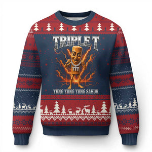 Triple T Tung Tung Tung Sahur Brainrot Meme Ugly Christmas Sweater TS10 Navy Red Print Your Wear