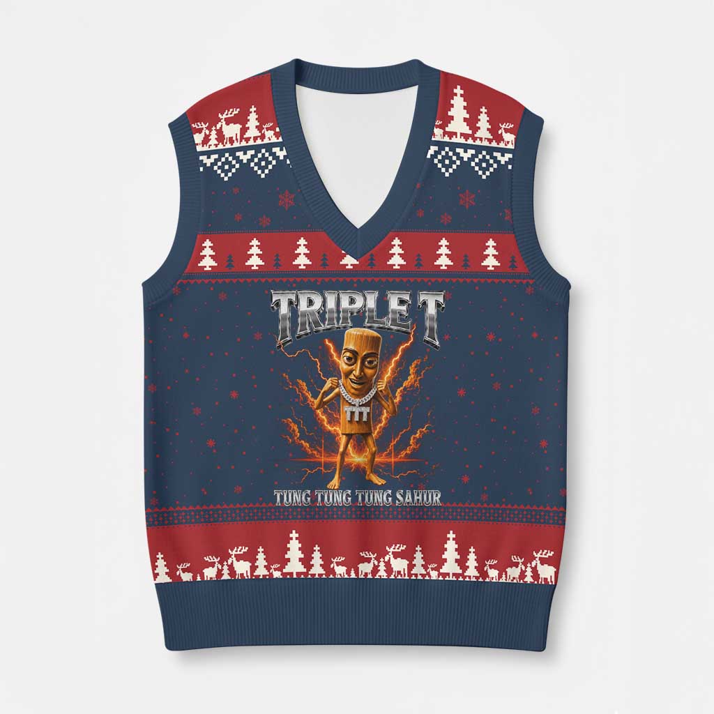 Triple T Tung Tung Tung Sahur Brainrot Meme V-Neck Knit Sweater Vest TS10 Navy Red Print Your Wear