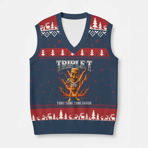Triple T Tung Tung Tung Sahur Brainrot Meme V-Neck Knit Sweater Vest TS10 Navy Red Print Your Wear
