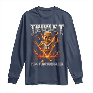 Triple T Tung Tung Tung Sahur Brainrot Meme Long Sleeve Shirt TS10 Navy Print Your Wear