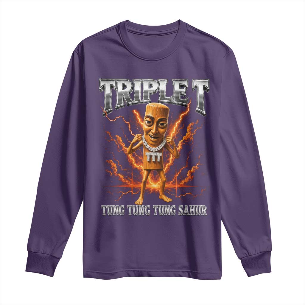 Triple T Tung Tung Tung Sahur Brainrot Meme Long Sleeve Shirt TS10 Purple Print Your Wear