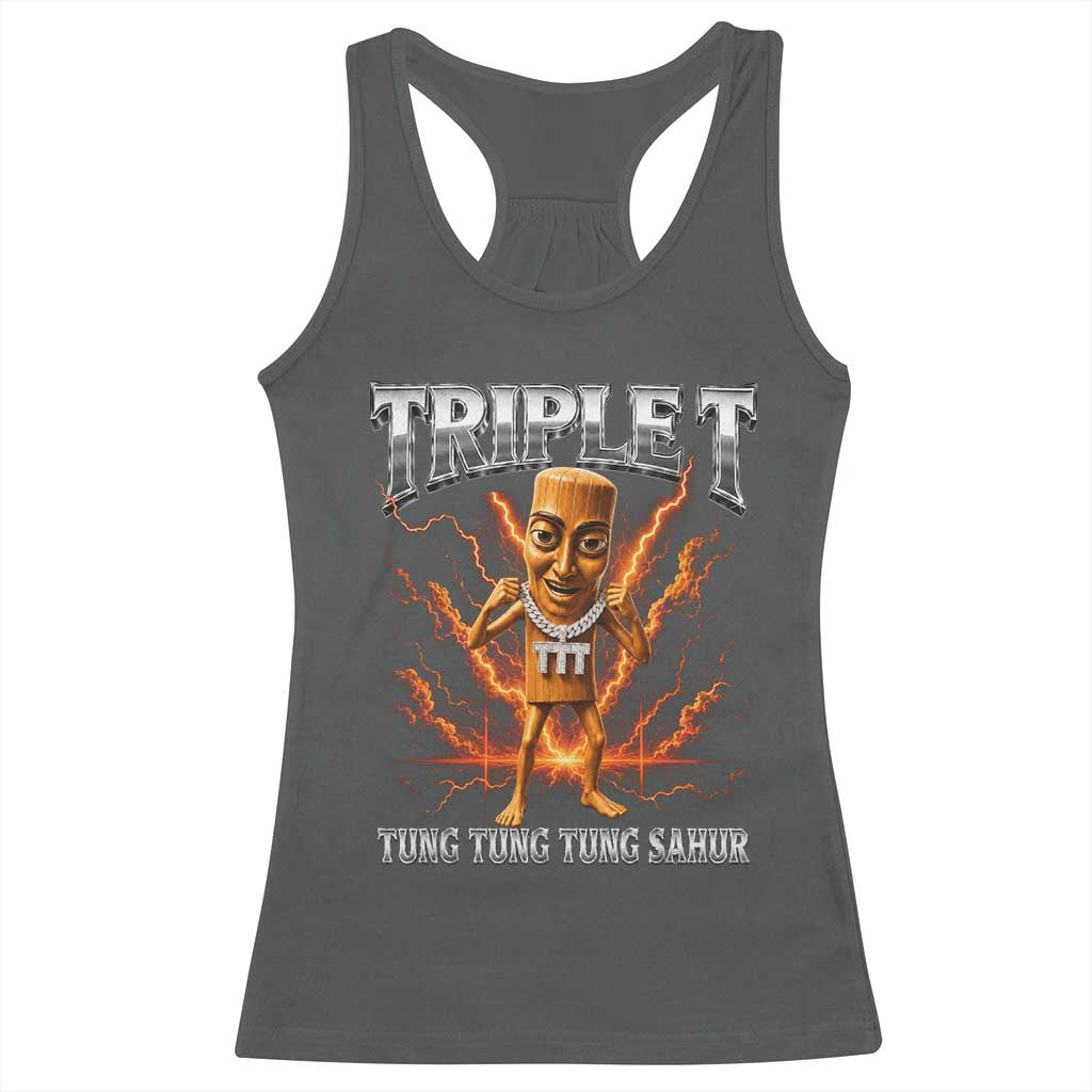 Triple T Tung Tung Tung Sahur Brainrot Meme Racerback Tank Top TS10 Dark Heather Print Your Wear