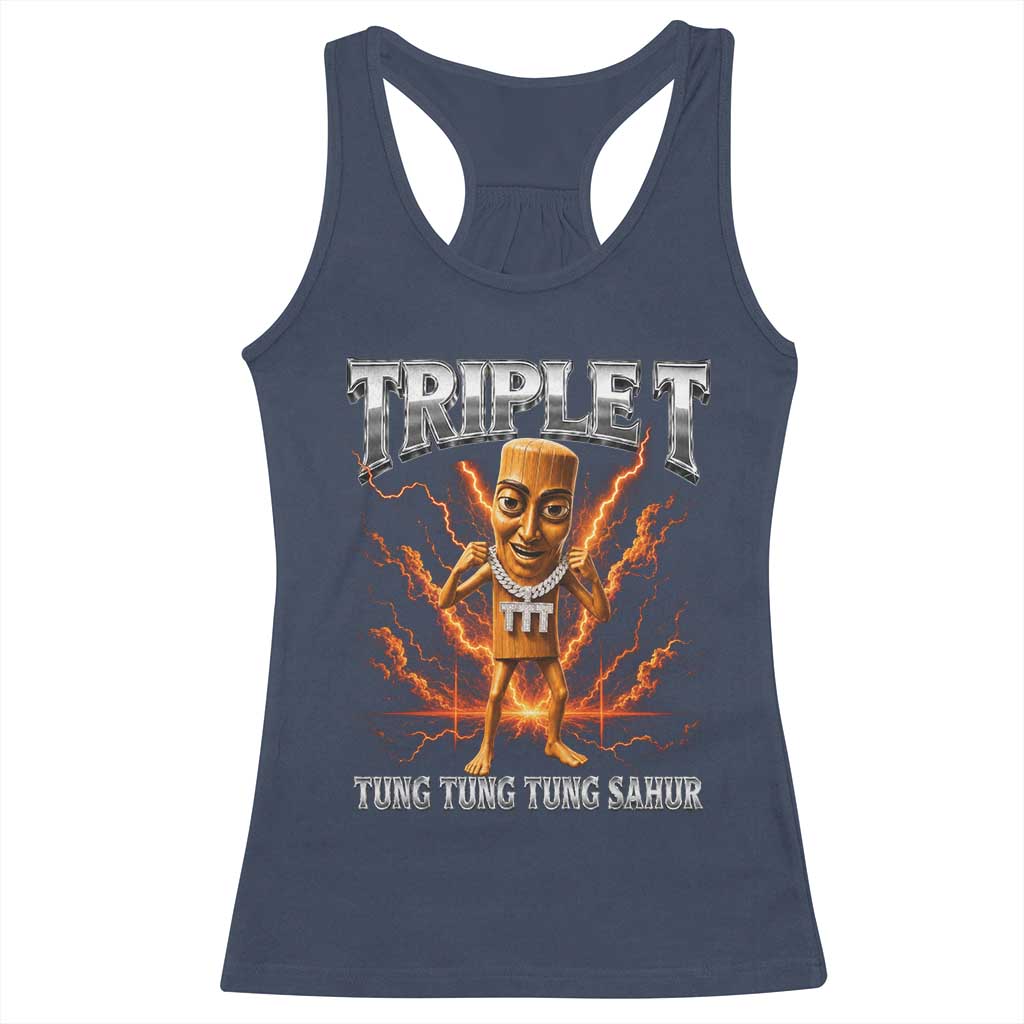Triple T Tung Tung Tung Sahur Brainrot Meme Racerback Tank Top TS10 Navy Print Your Wear