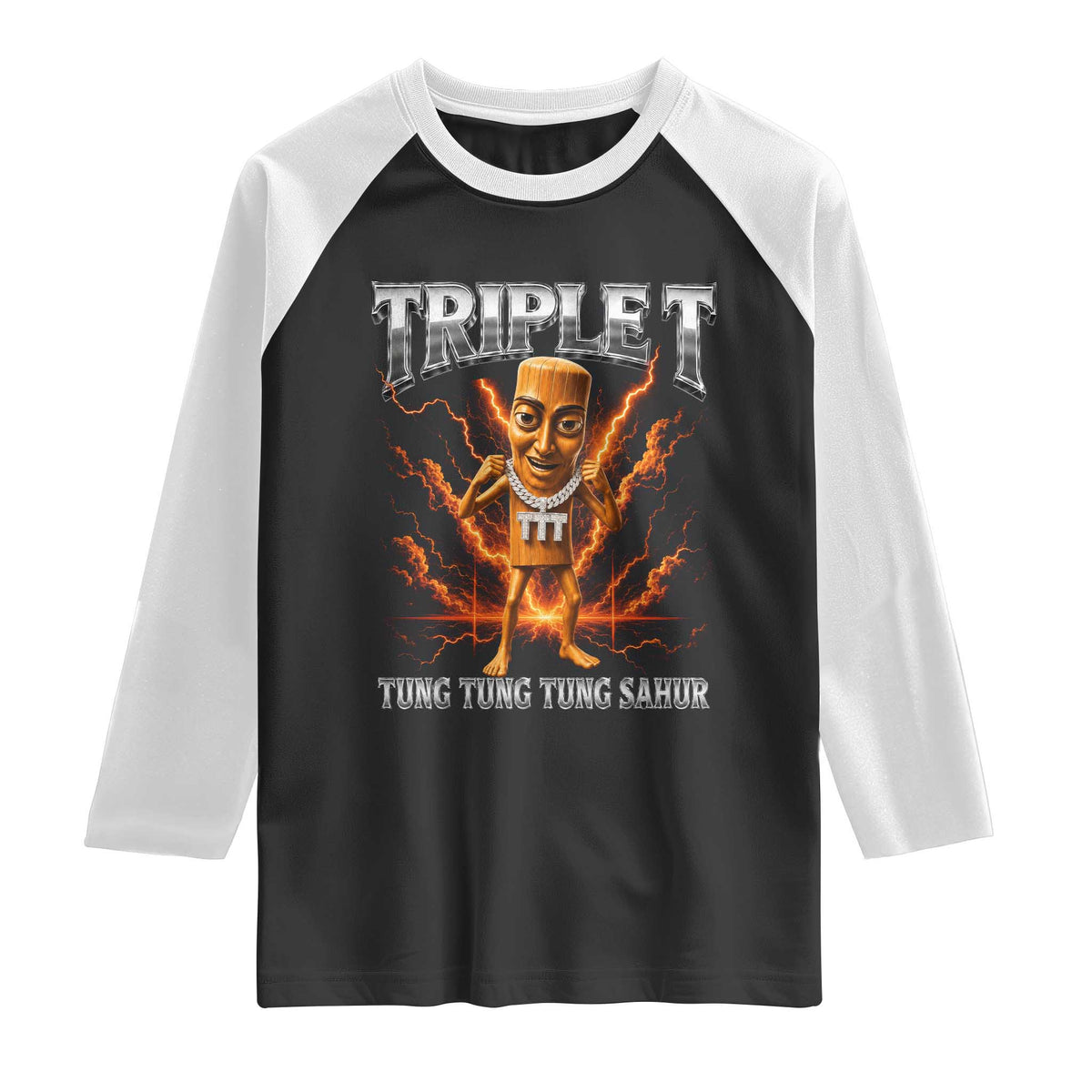 Triple T Tung Tung Tung Sahur Brainrot Meme Raglan Shirt TS10 Black White Print Your Wear