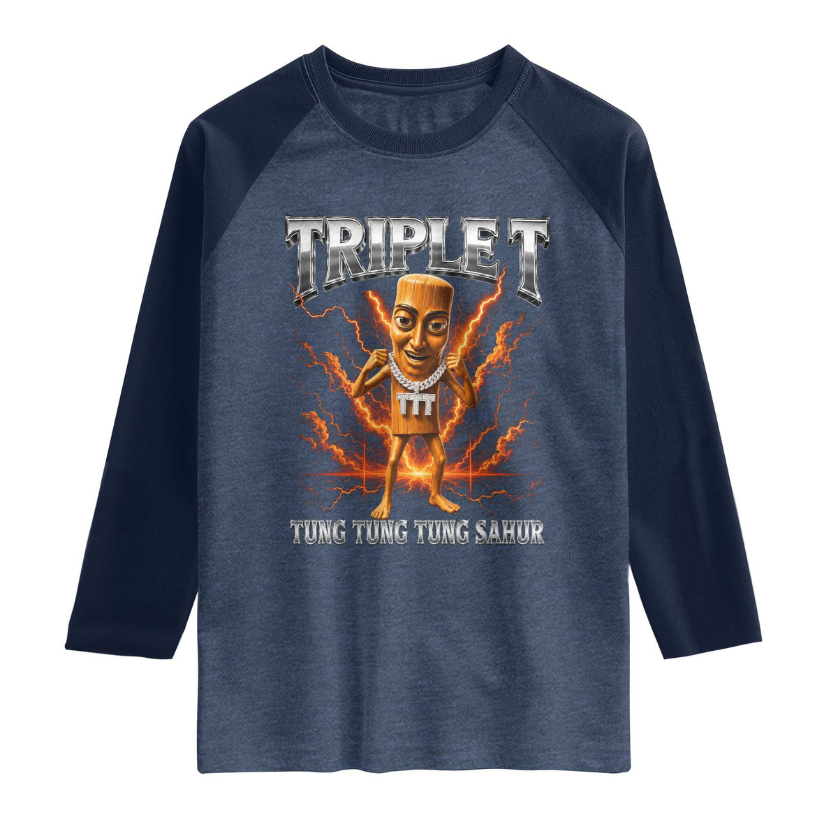 Triple T Tung Tung Tung Sahur Brainrot Meme Raglan Shirt TS10 Heather Denim Navy Print Your Wear
