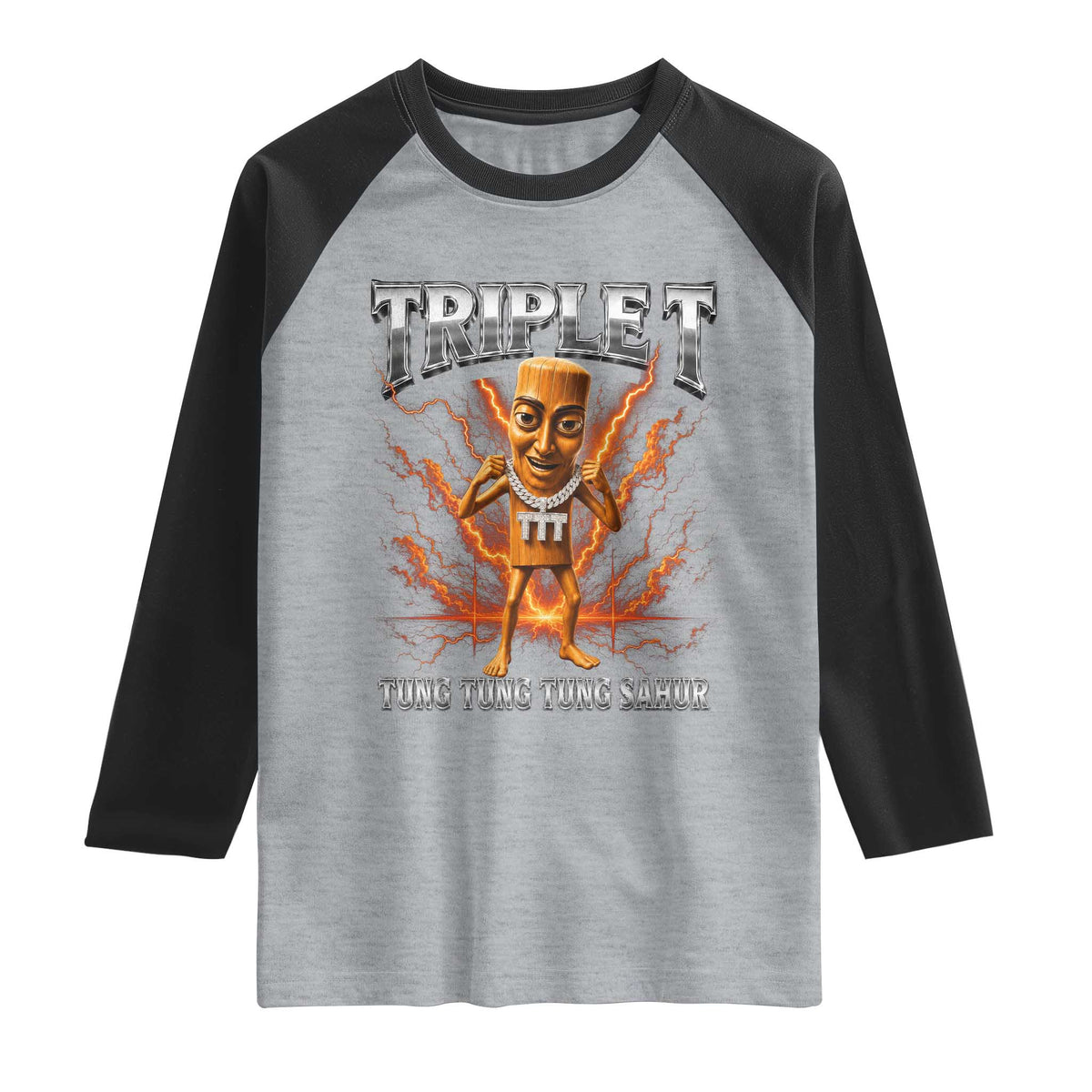 Triple T Tung Tung Tung Sahur Brainrot Meme Raglan Shirt TS10 Heather Gray Black Print Your Wear