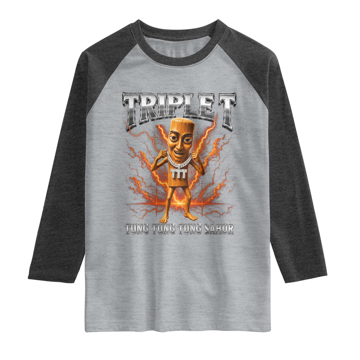 Triple T Tung Tung Tung Sahur Brainrot Meme Raglan Shirt TS10 Heather Gray Heather Charcoal Print Your Wear
