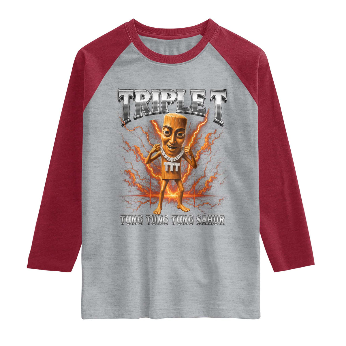 Triple T Tung Tung Tung Sahur Brainrot Meme Raglan Shirt TS10 Heather Gray Heather Red Print Your Wear