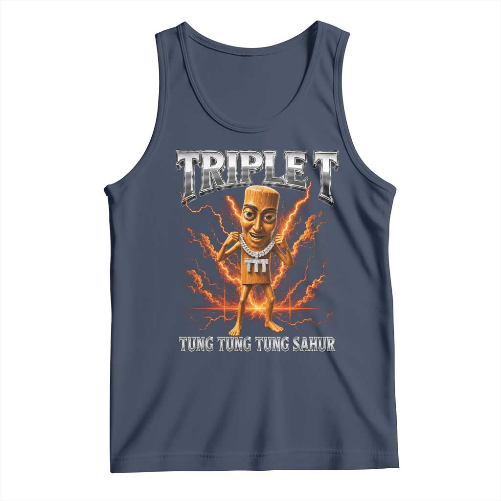 Triple T Tung Tung Tung Sahur Brainrot Meme Tank Top TS10 Navy Print Your Wear