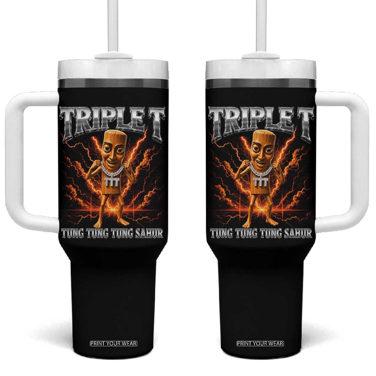 Triple T Tung Tung Tung Sahur Brainrot Meme Tumbler With Handle TS10 One Size: 40 oz Black Print Your Wear