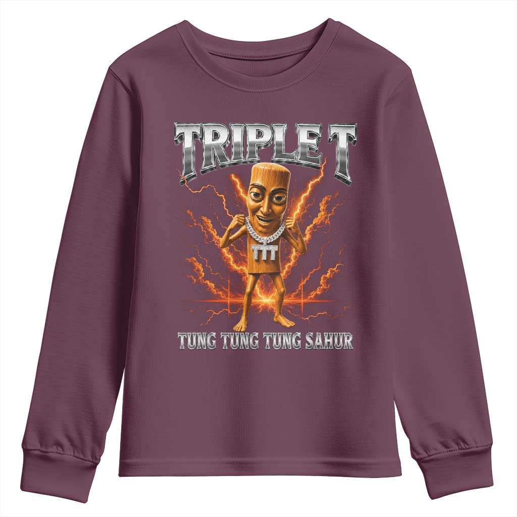 Triple T Tung Tung Tung Sahur Brainrot Meme Youth Sweatshirt TS10 Maroon Print Your Wear