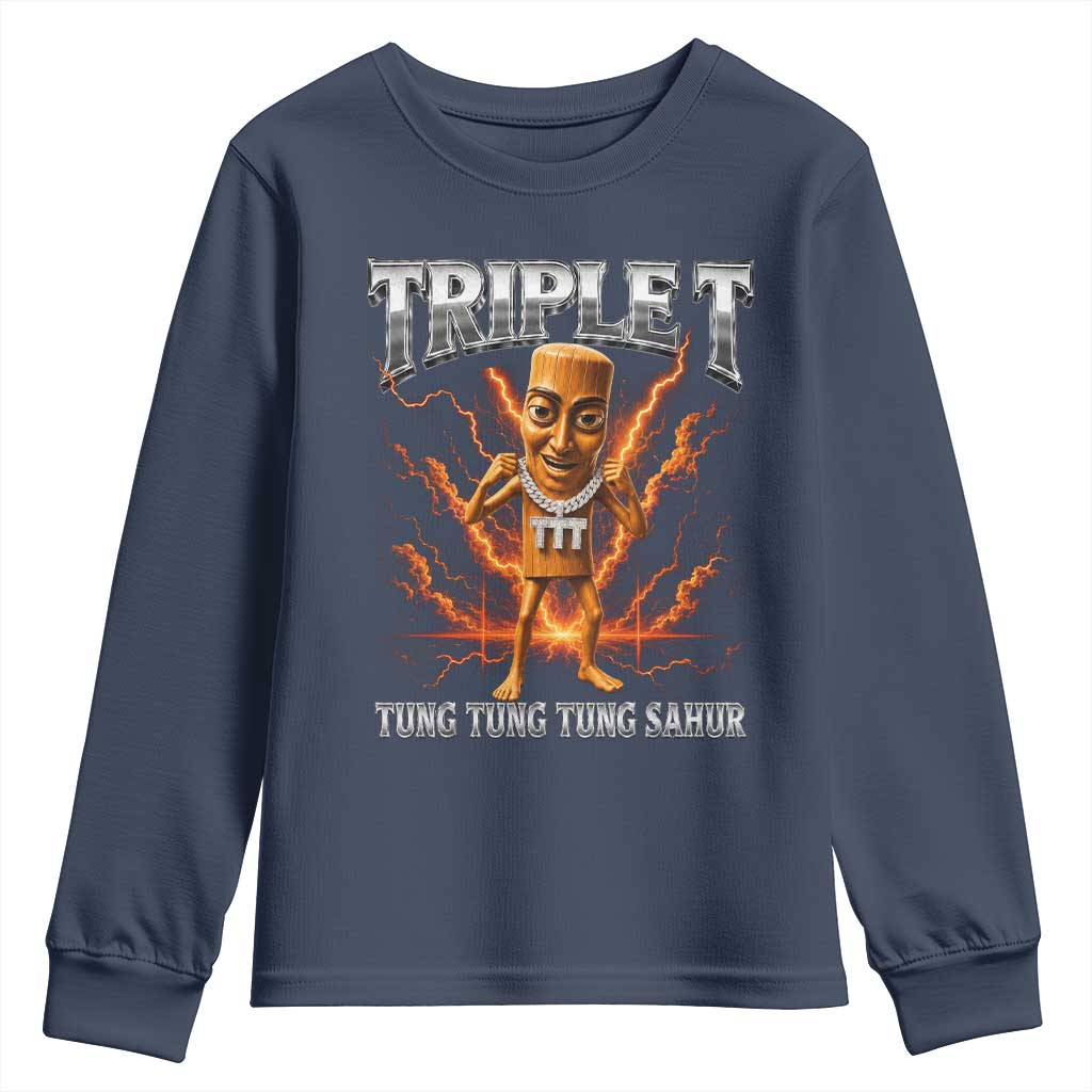 Triple T Tung Tung Tung Sahur Brainrot Meme Youth Sweatshirt TS10 Navy Print Your Wear