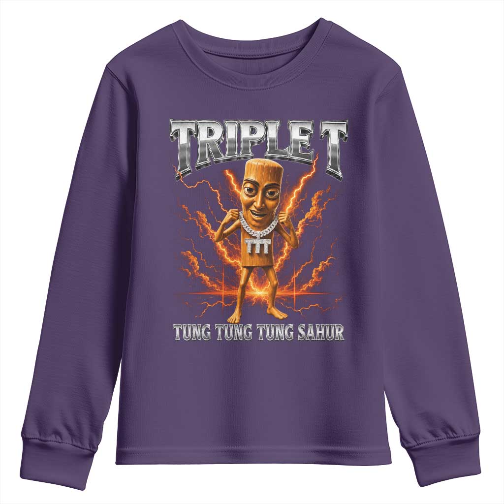 Triple T Tung Tung Tung Sahur Brainrot Meme Youth Sweatshirt TS10 Purple Print Your Wear