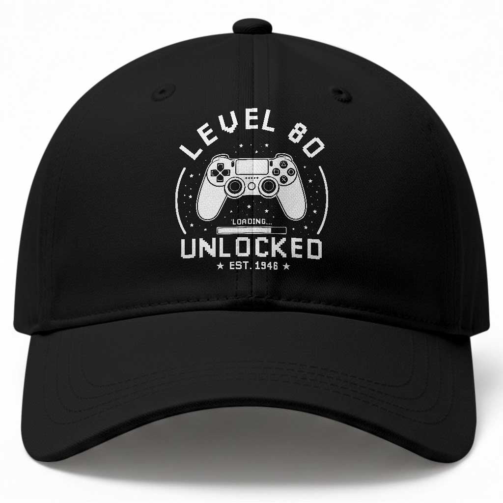 Level 80 Unlocked Video Gamer 80th Birthday Gift Baseball Cap Vintage 1946 80 Year Old Gift