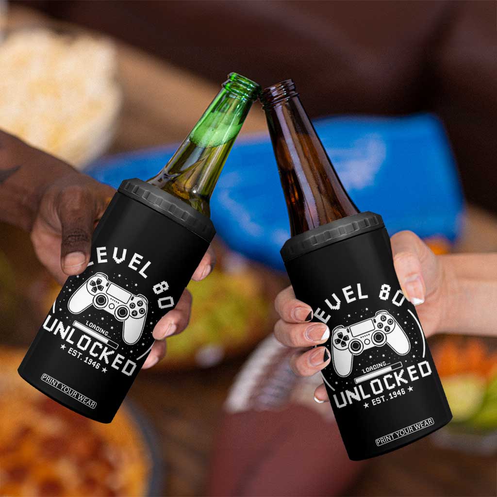 Level 80 Unlocked Video Gamer 80th Birthday Gift 4 in 1 Can Cooler Tumbler Vintage 1946 80 Year Old Gift