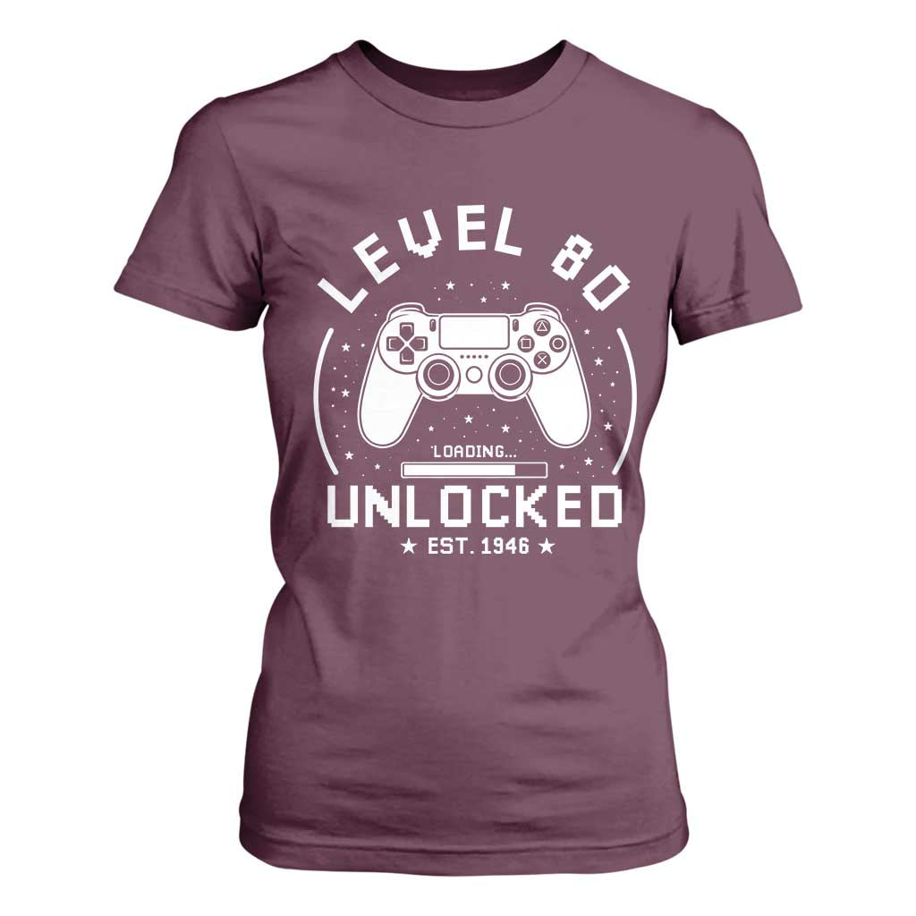 Level 80 Unlocked Video Gamer 80th Birthday Gift T Shirt For Women Vintage 1946 80 Year Old Gift