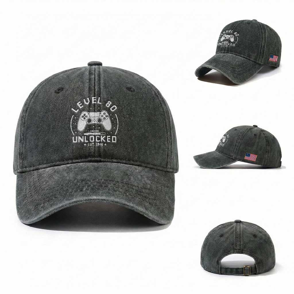 Level 80 Unlocked Video Gamer 80th Birthday Gift Washed Cotton Baseball Cap Vintage 1946 80 Year Old Gift