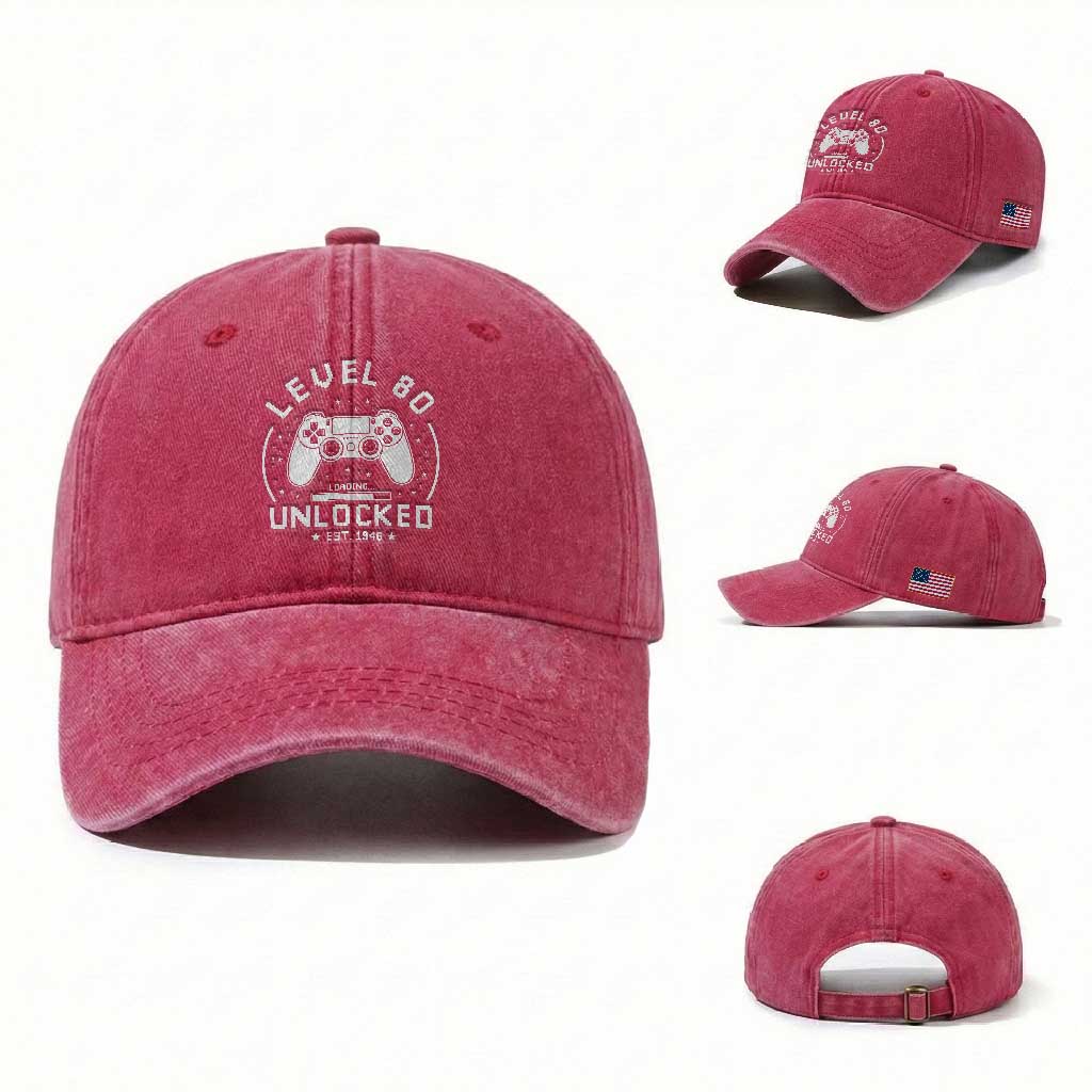 Level 80 Unlocked Video Gamer 80th Birthday Gift Washed Cotton Baseball Cap Vintage 1946 80 Year Old Gift