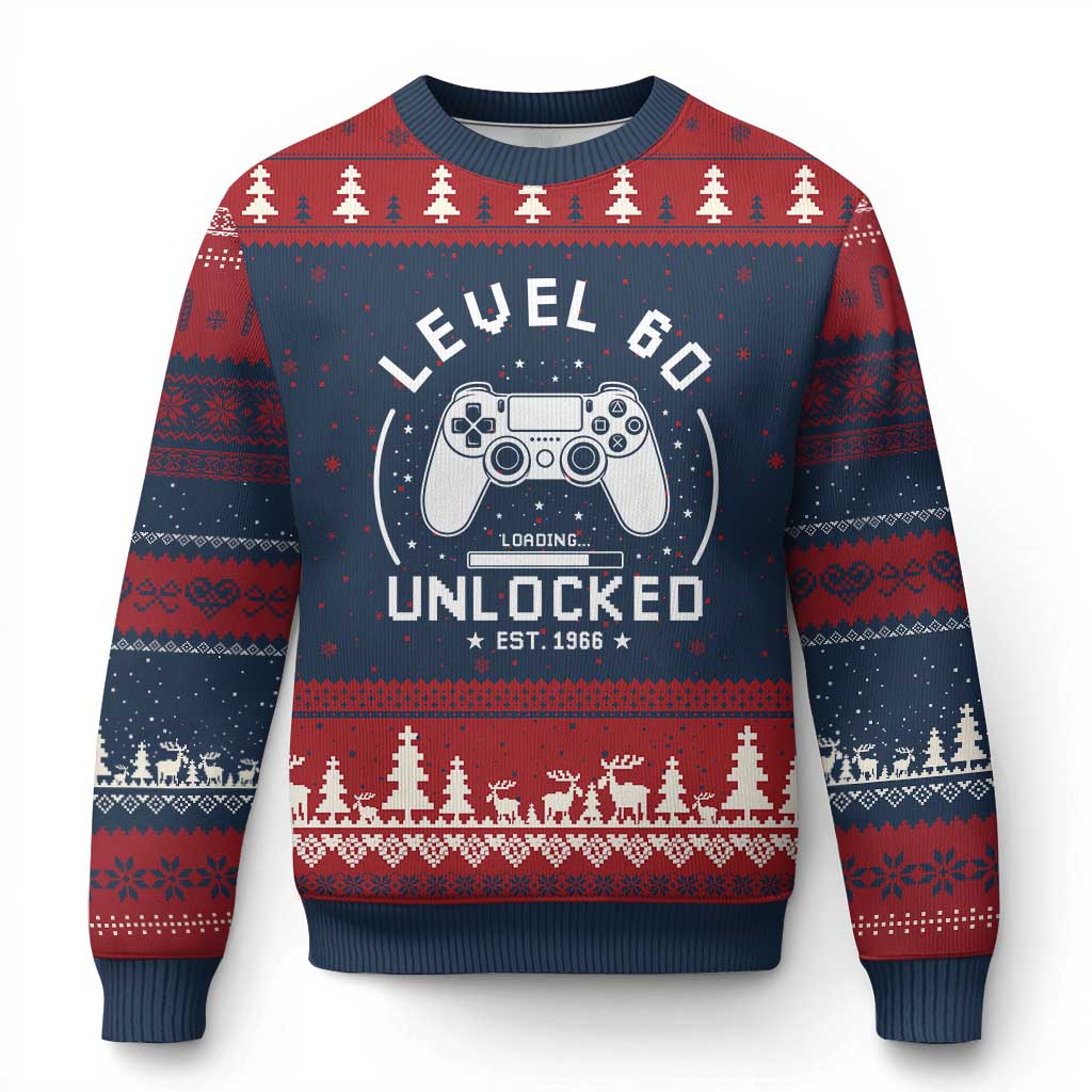 Level 60 Unlocked Video Gamer 60th Birthday Gift Ugly Christmas Sweater Vintage 1966 60 Year Old Gift TS10 Navy Red Print Your Wear