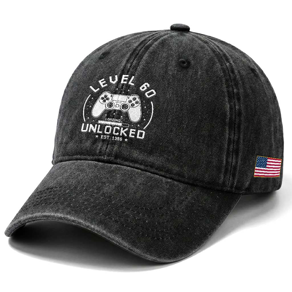 Level 60 Unlocked Video Gamer 60th Birthday Gift Washed Cotton Baseball Cap Vintage 1966 60 Year Old Gift