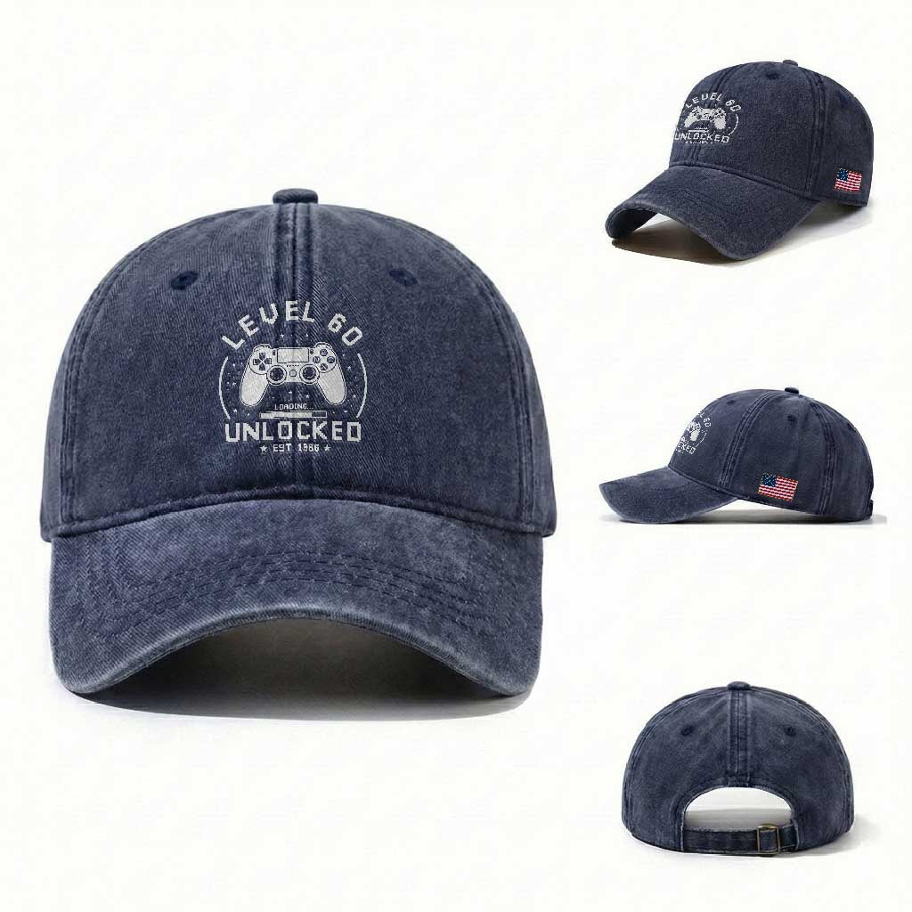 Level 60 Unlocked Video Gamer 60th Birthday Gift Washed Cotton Baseball Cap Vintage 1966 60 Year Old Gift