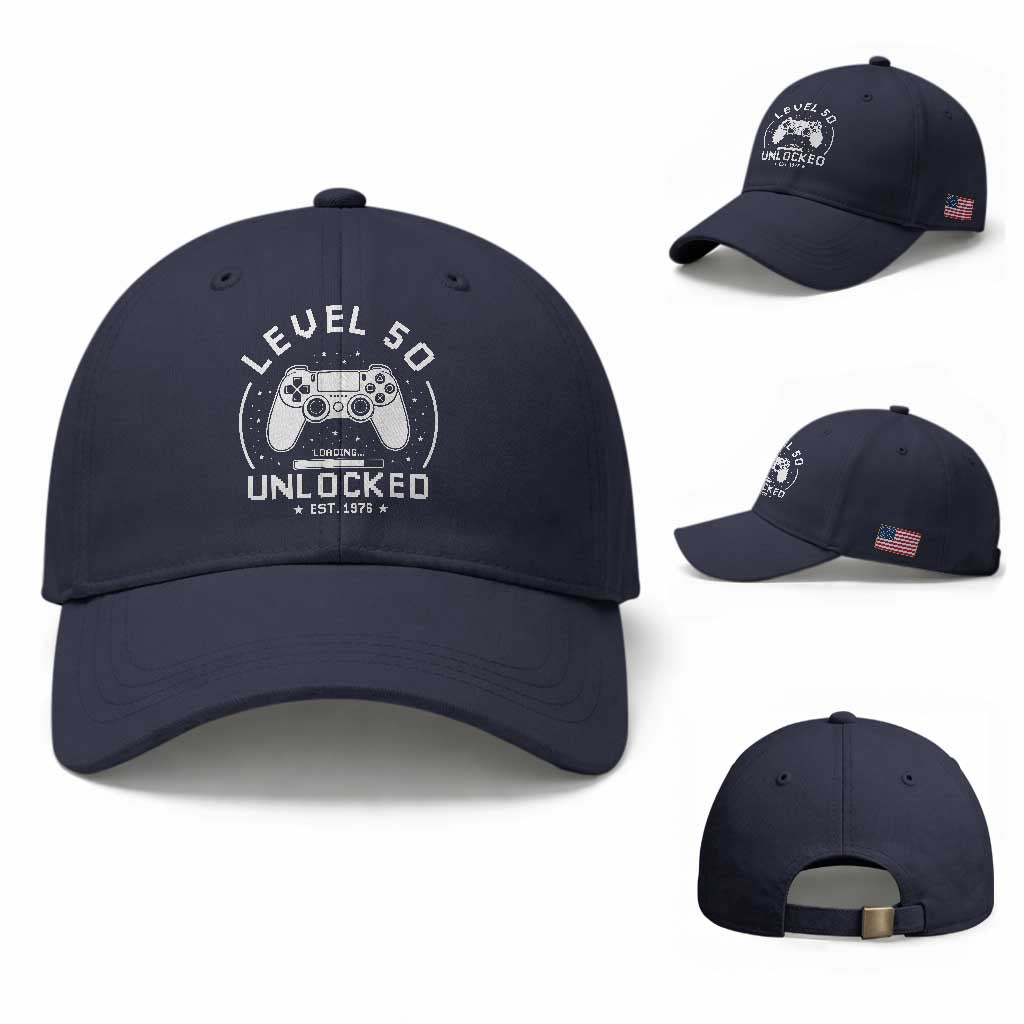 Level 50 Unlocked Video Gamer 50th Birthday Gift Baseball Cap Vintage 1976 50 Year Old Gift