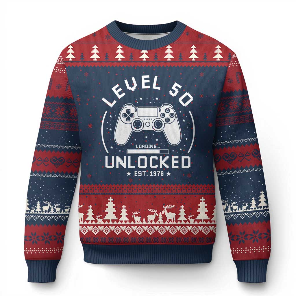 Level 50 Unlocked Video Gamer 50th Birthday Gift Ugly Christmas Sweater Vintage 1976 50 Year Old Gift