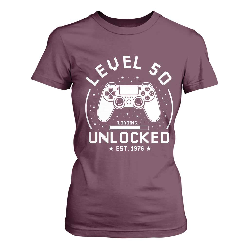 Level 50 Unlocked Video Gamer 50th Birthday Gift T Shirt For Women Vintage 1976 50 Year Old Gift