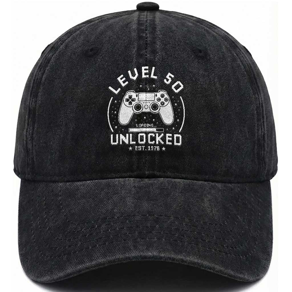 Level 50 Unlocked Video Gamer 50th Birthday Gift Washed Cotton Baseball Cap Vintage 1976 50 Year Old Gift