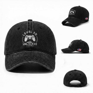 Level 50 Unlocked Video Gamer 50th Birthday Gift Washed Cotton Baseball Cap Vintage 1976 50 Year Old Gift