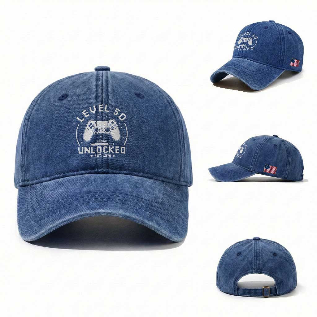 Level 50 Unlocked Video Gamer 50th Birthday Gift Washed Cotton Baseball Cap Vintage 1976 50 Year Old Gift
