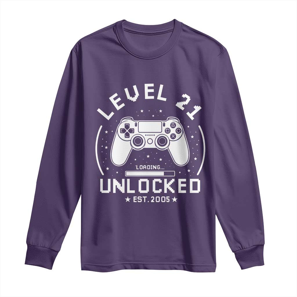 Level 21 Unlocked Video Gamer 21st  Birthday Gift Long Sleeve Shirt Vintage 2005 21 Year Old Gift