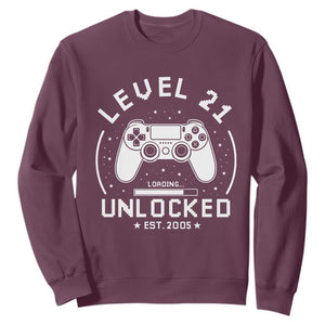 Level 21 Unlocked Video Gamer 21st  Birthday Gift Sweatshirt Vintage 2005 21 Year Old Gift