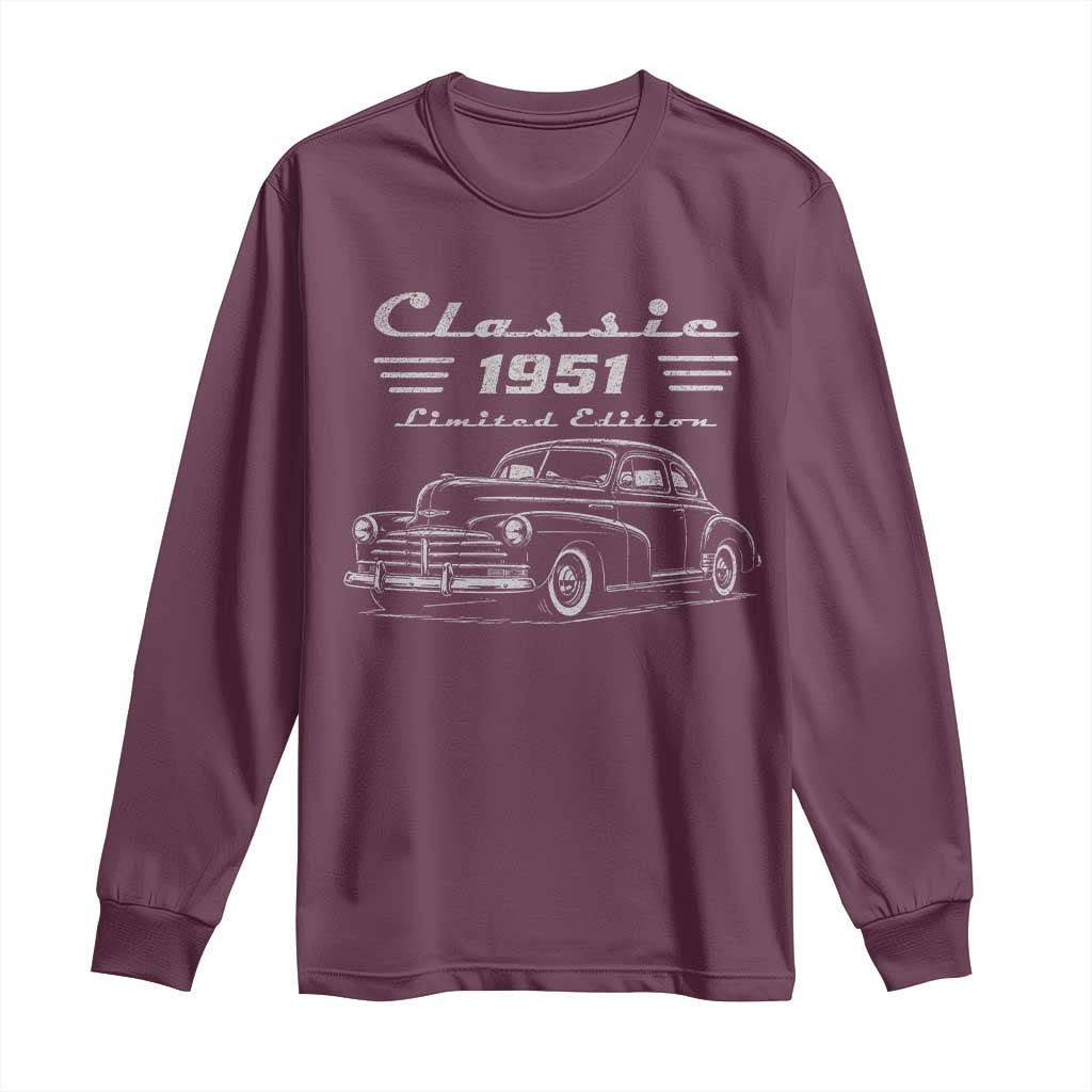 75th Birthday Long Sleeve Shirt Vintage Retro Car Classic 1951 75 Year Old Gift