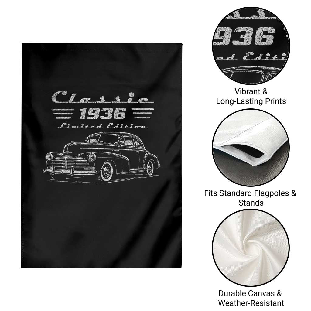 90th Birthday Garden Flag Vintage Retro Car Classic 1936 90 Year Old Gift