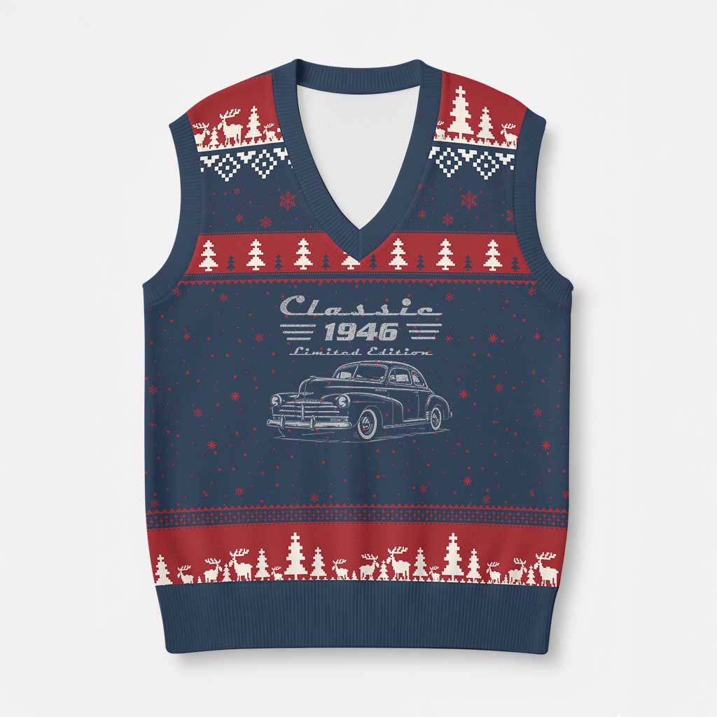 80th Birthday V-Neck Knit Sweater Vest Vintage Retro Car Classic 1946 80 Year Old Gift TS10 Navy Red Print Your Wear